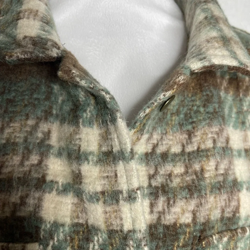 Plaid Women's Jacket in Green Brown Button Up Pockets Fall Woods Cozy Size XL